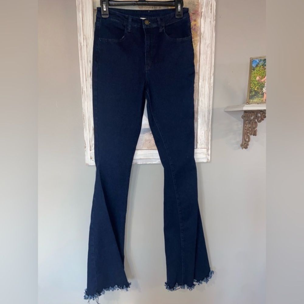 Altar'd State Women's Bell Bottom Flare Jeans Size M Dark Wash Frayed Bottom